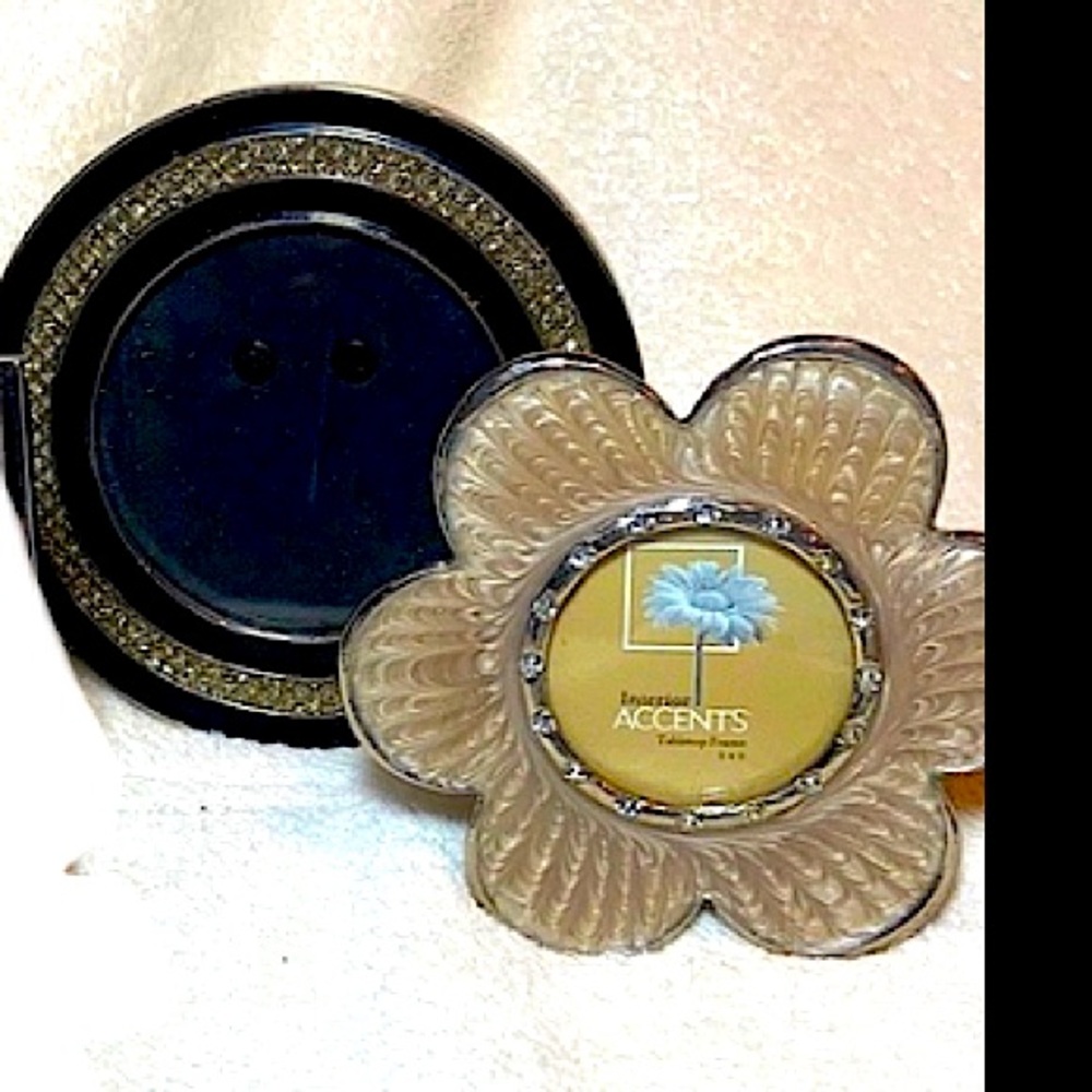 2 small rhinestone tabletop picture frames yellow enamel flower